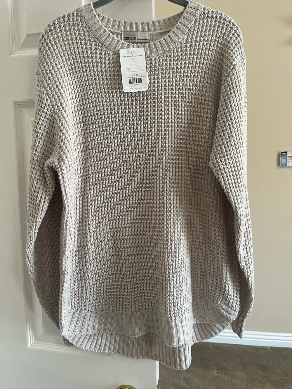 Zenana Outfitters Bone Waffle Knit Crewneck Sweater